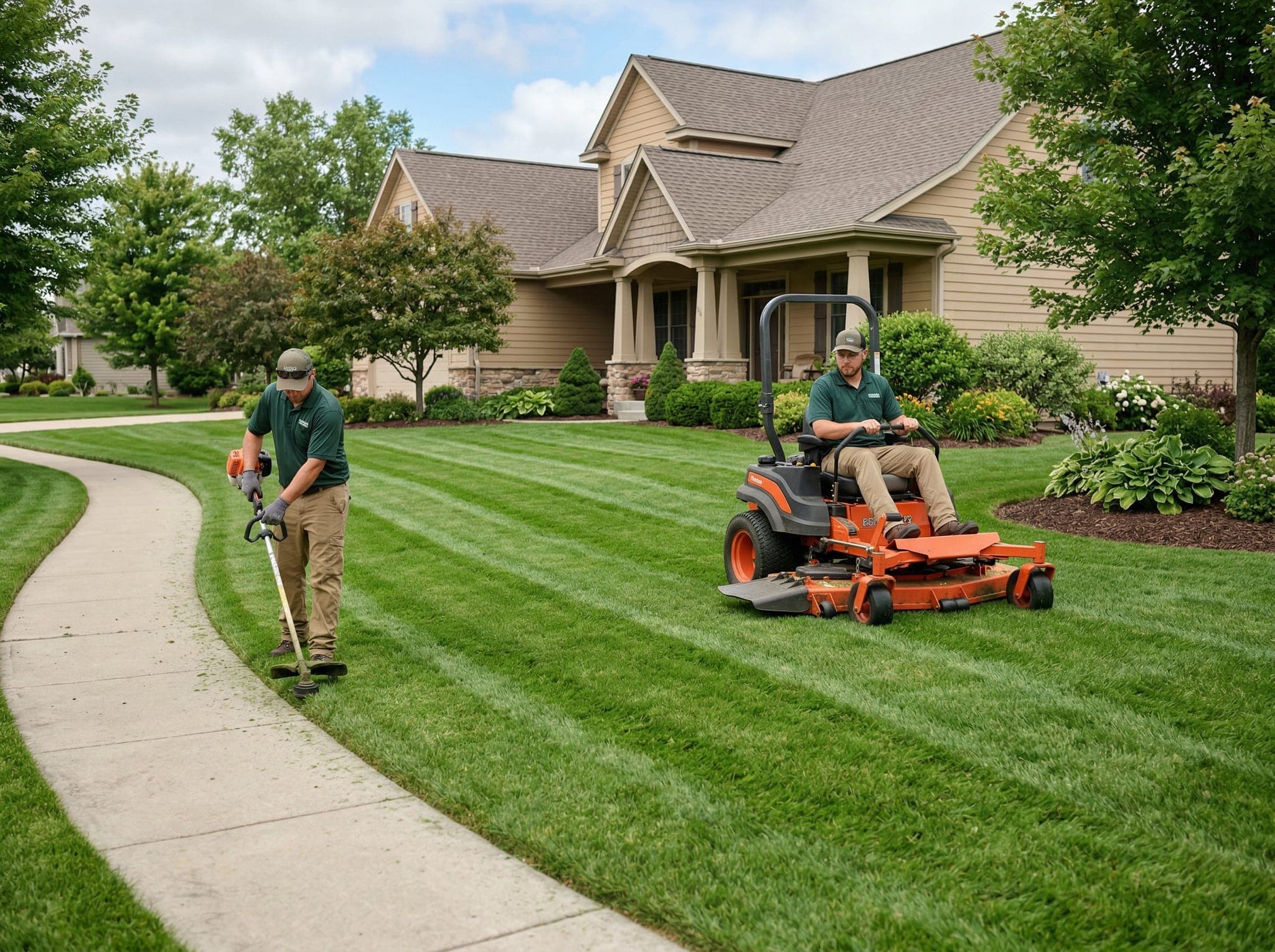 Lawn crew mowing and edging a residential lawn