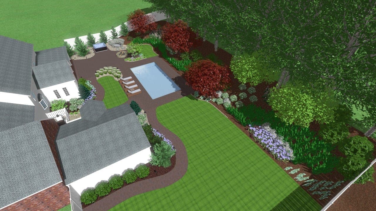3D rendering of backyard pool and landscape design
