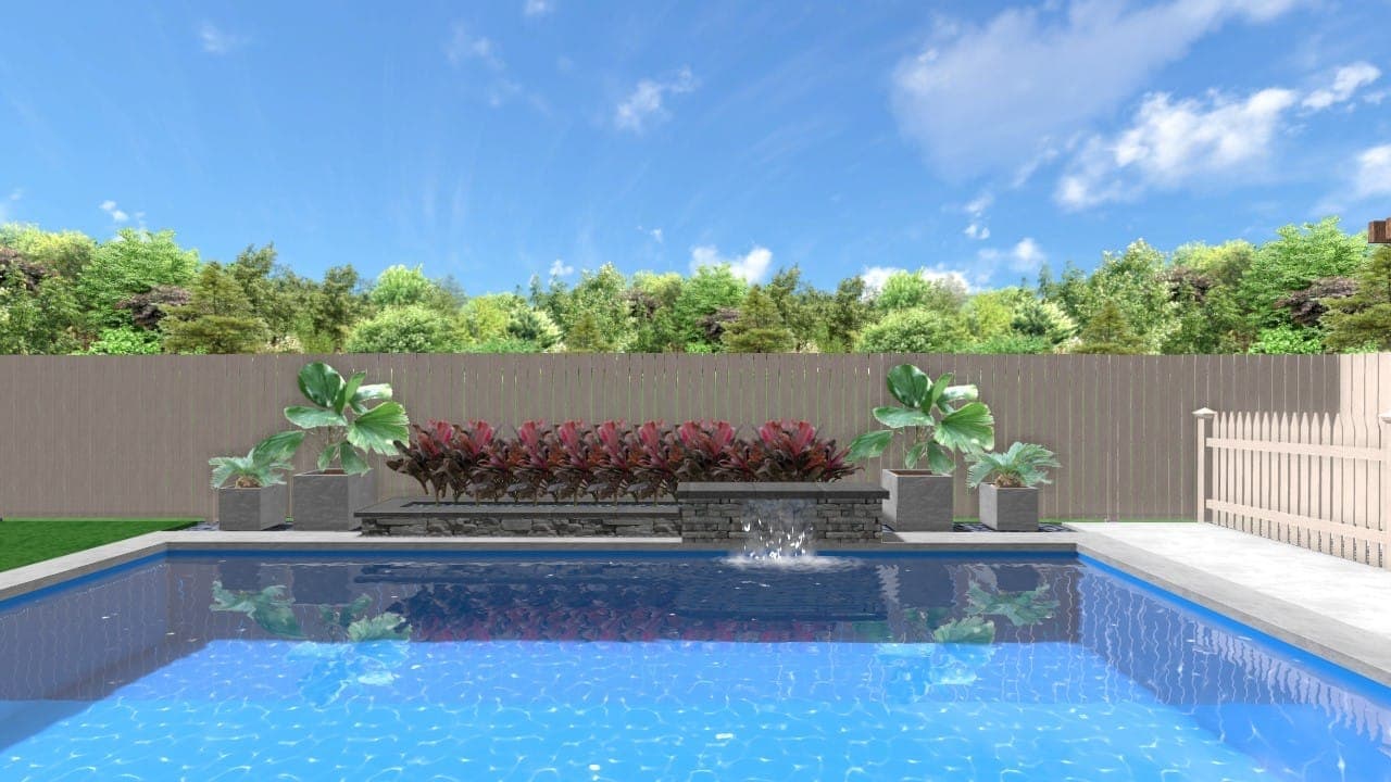 3D rendering of pool with integrated patio, plantings, and lighting