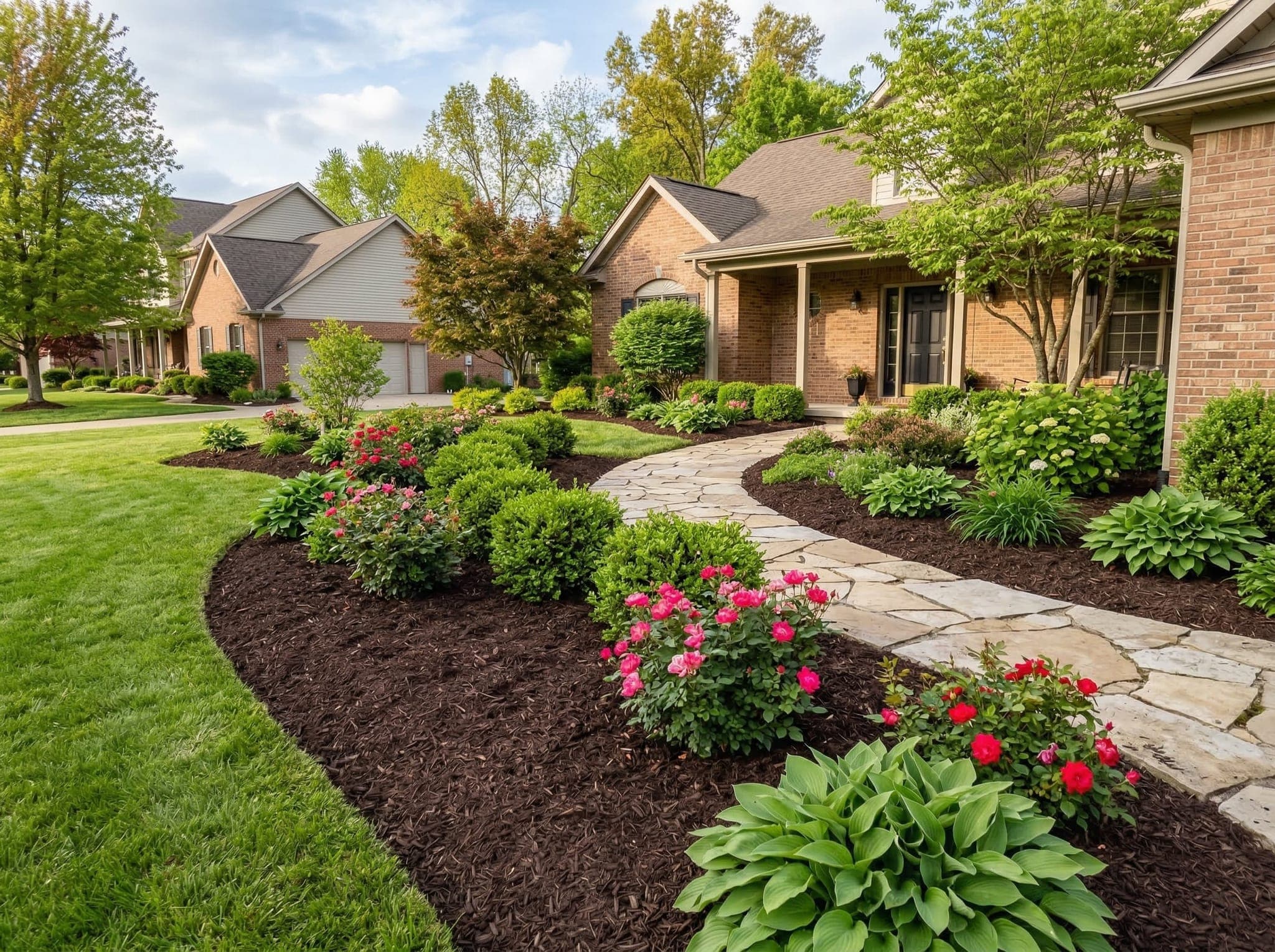 Freshly mulched landscape beds with shrubs and perennials along a stone walkway in a Southern Indiana yard