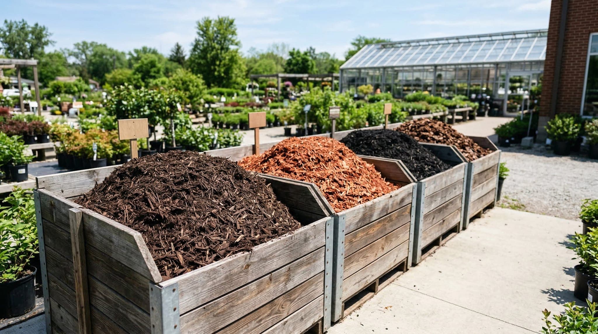 Several piles of different colored mulch types including hardwood, cedar, and black mulch at a garden center