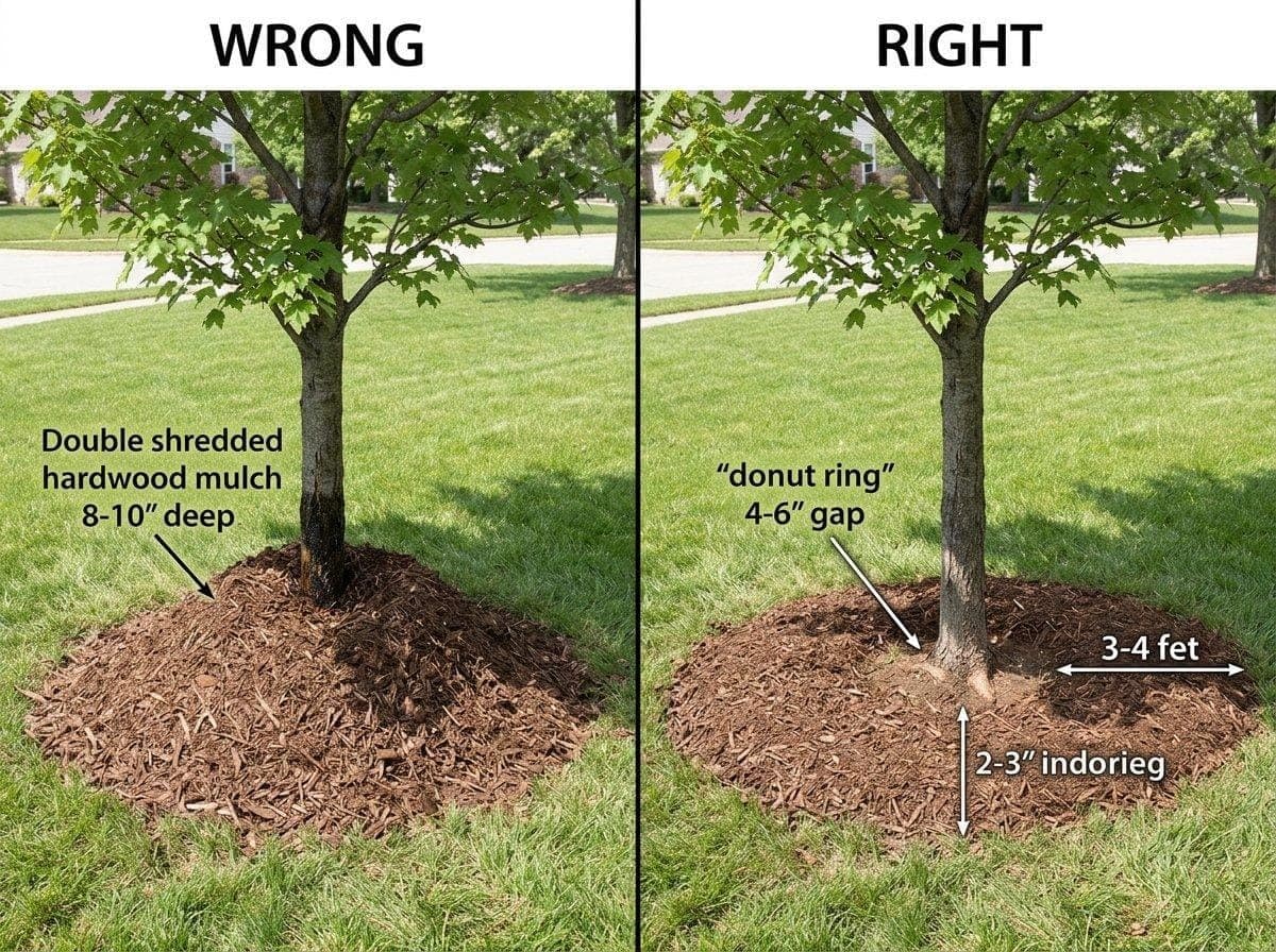 Side by side comparison of incorrect volcano mulching piled against a tree trunk versus correct donut mulching with mulch pulled back from the trunk
