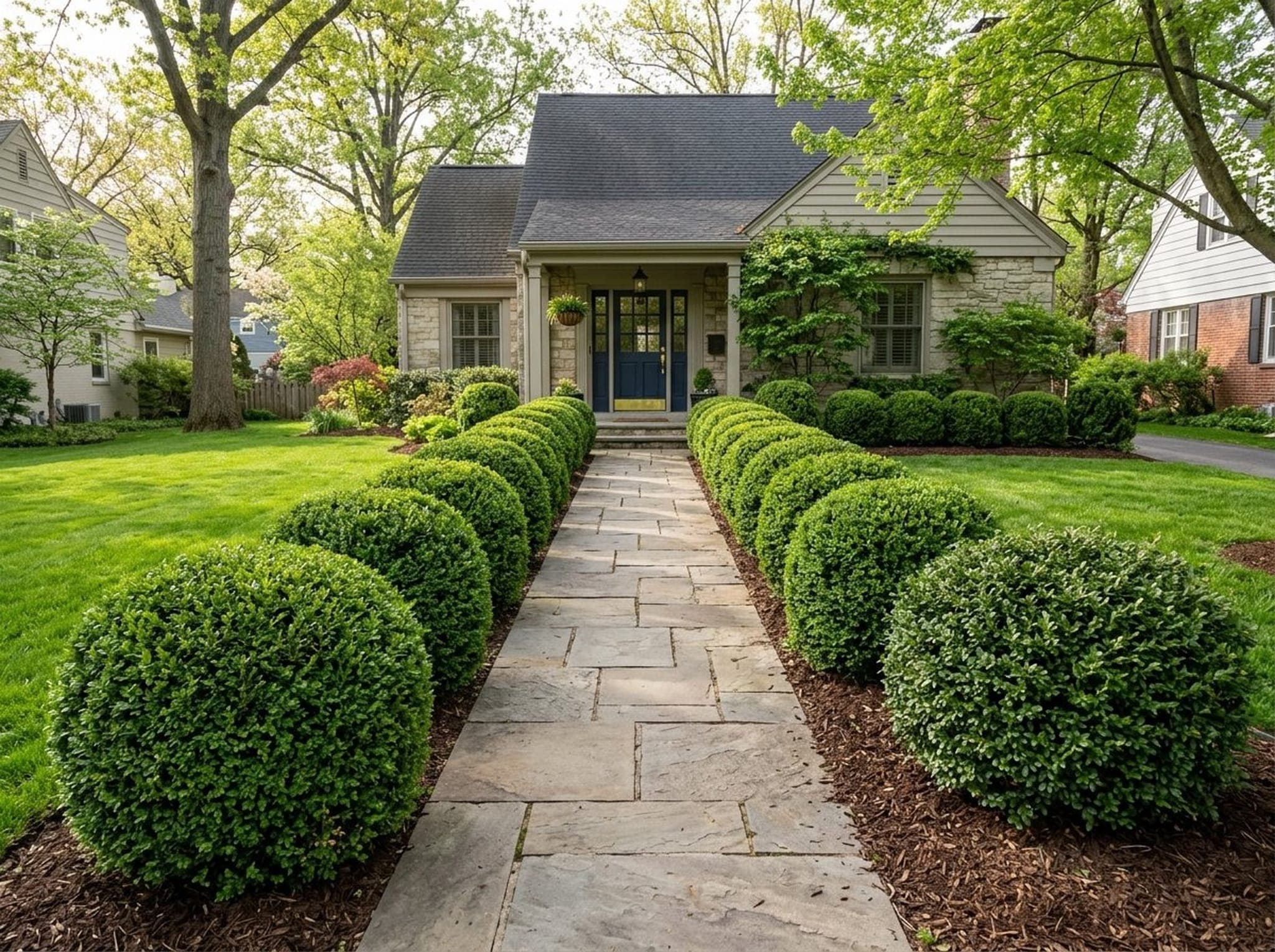 Row of neatly trimmed boxwood shrubs along a stone pathway in a residential landscape