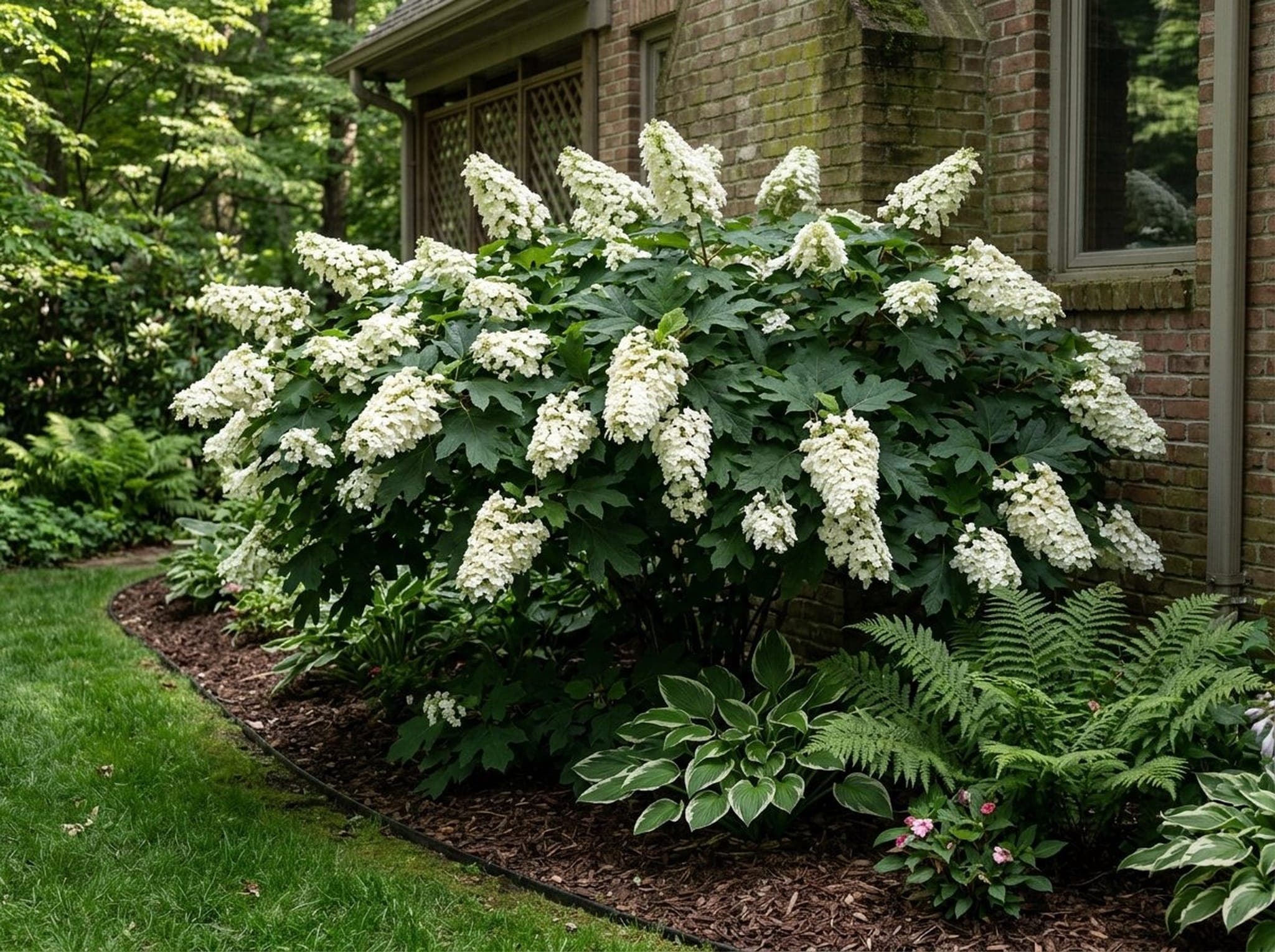 Oakleaf hydrangea in full bloom with large white cone-shaped flower clusters in a shaded garden bed