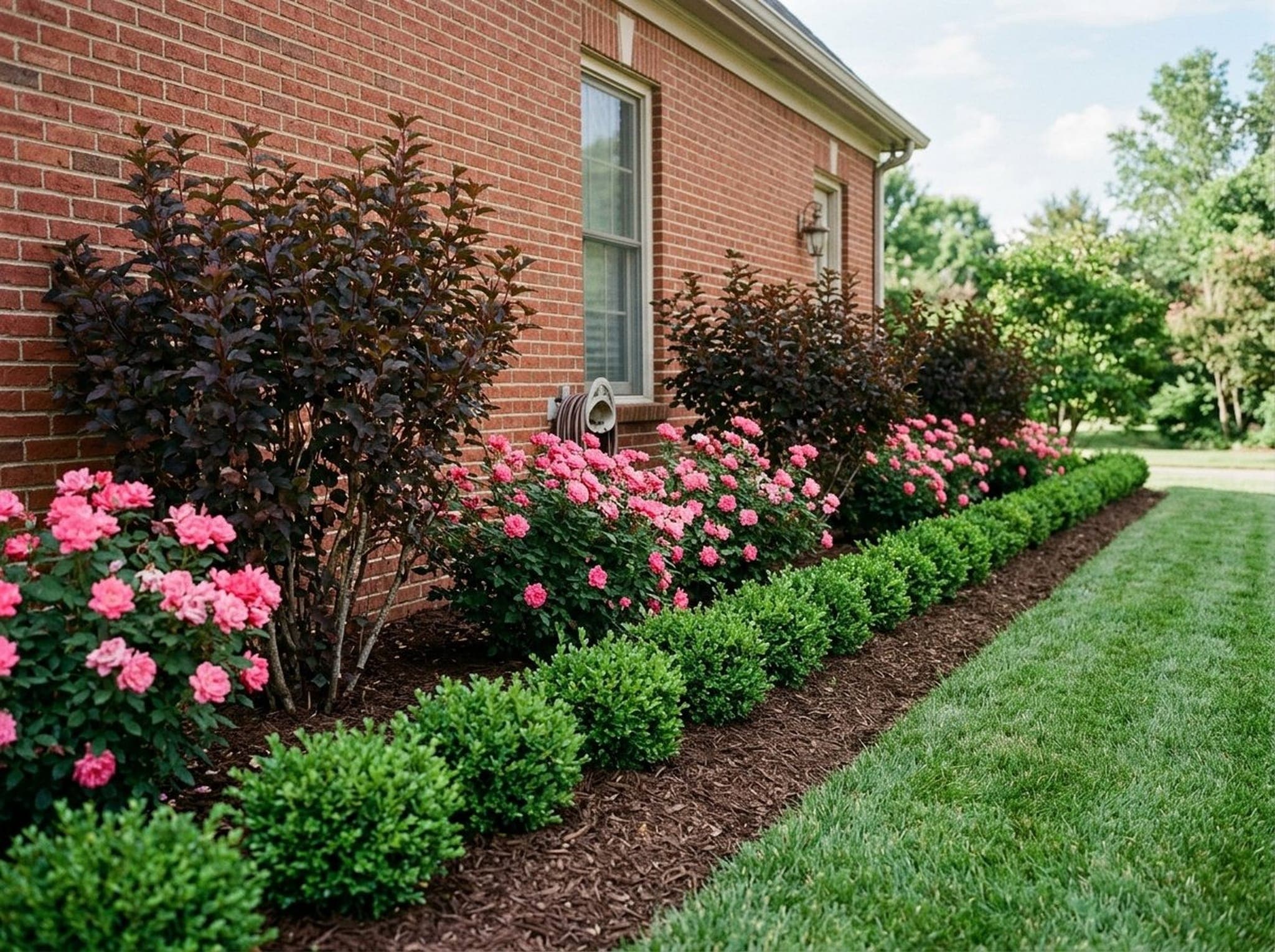 Layered foundation planting with evergreen boxwoods in front and taller flowering shrubs behind along a brick home