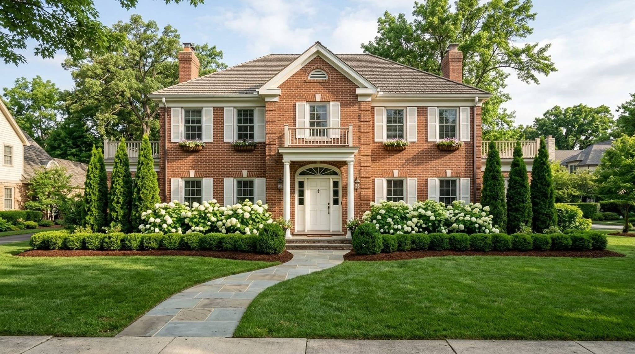Lush foundation planting of mixed evergreen and flowering shrubs along the front of a brick home in spring