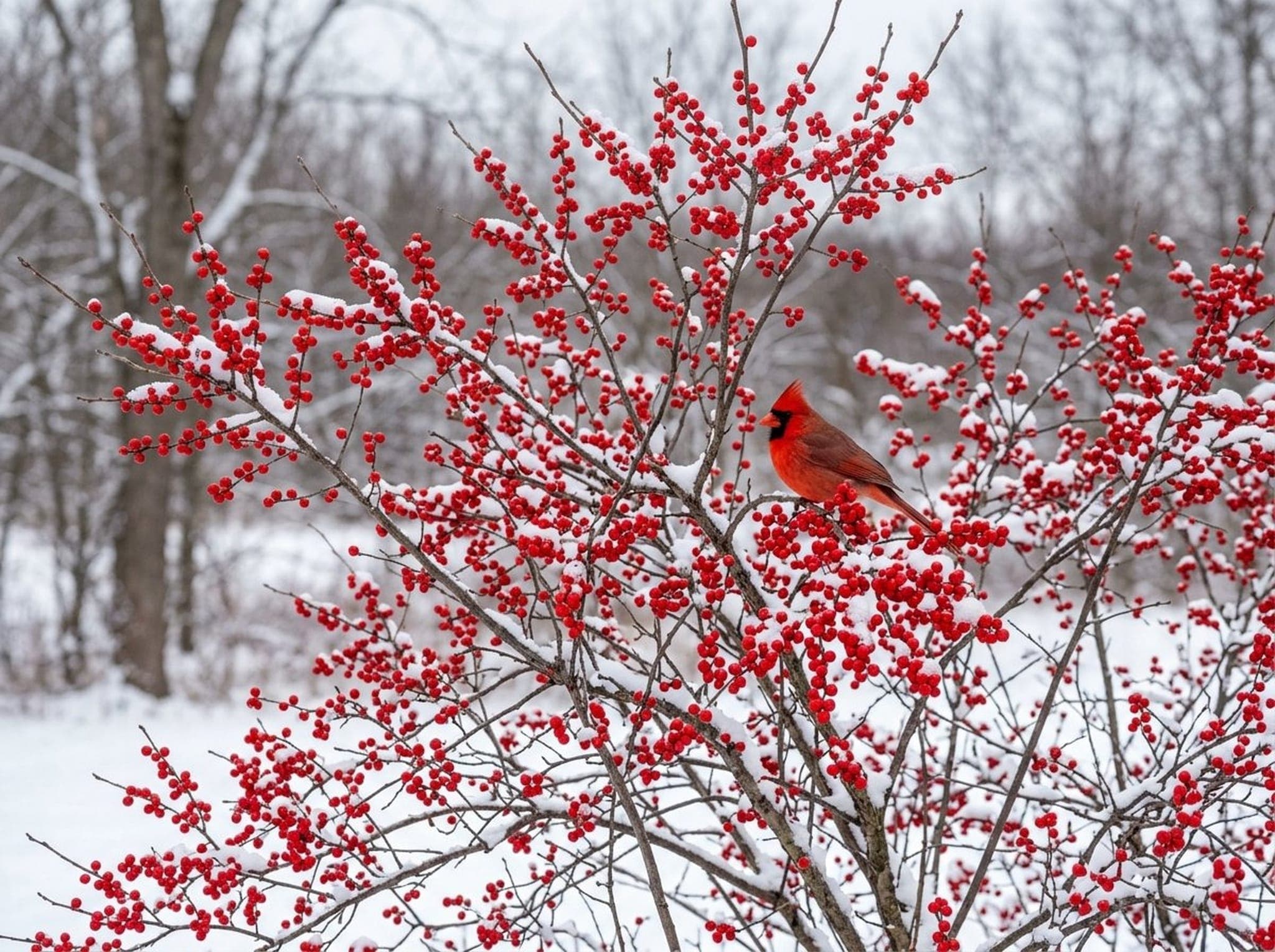 Winterberry holly branches covered in bright red berries against a snowy winter background
