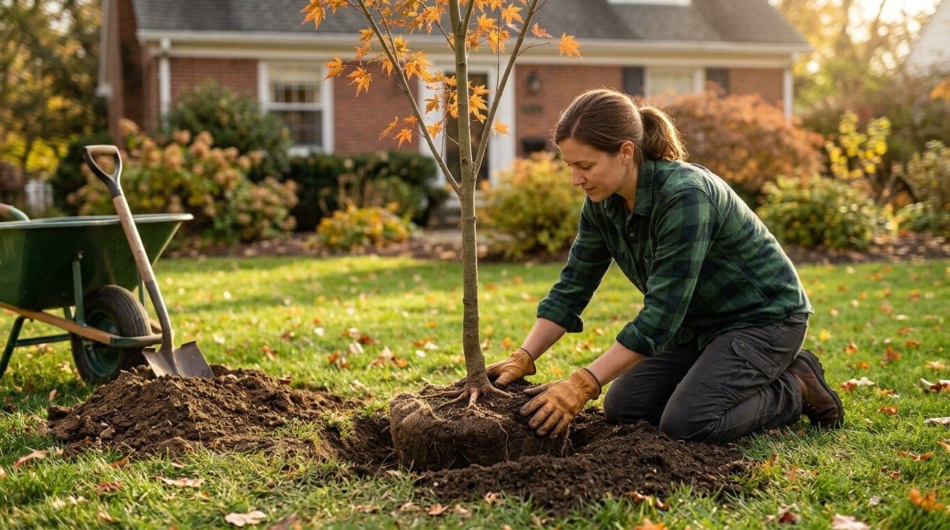 Homeowner planting a young maple tree at the correct depth, firming backfill soil around the exposed root flare, in an autumn yard with a wheelbarrow and shovel nearby