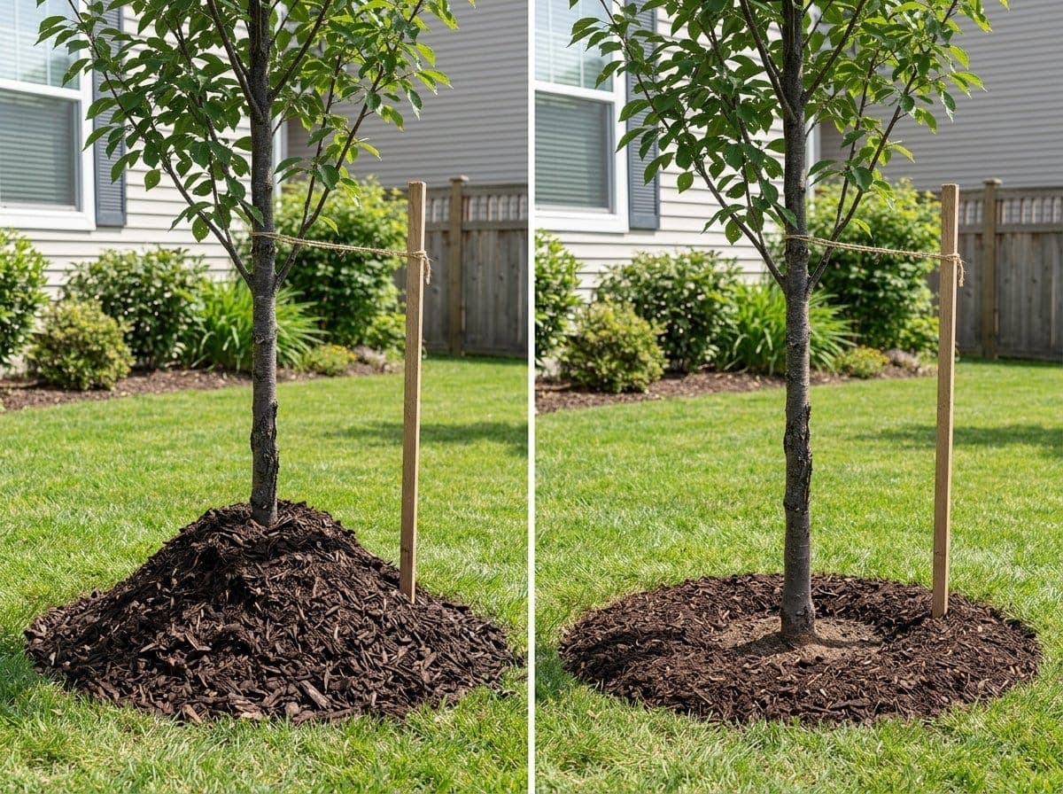 Side-by-side comparison of a mulch volcano piled against a tree trunk on the left and a correct flat mulch ring pulled back from the trunk on the right