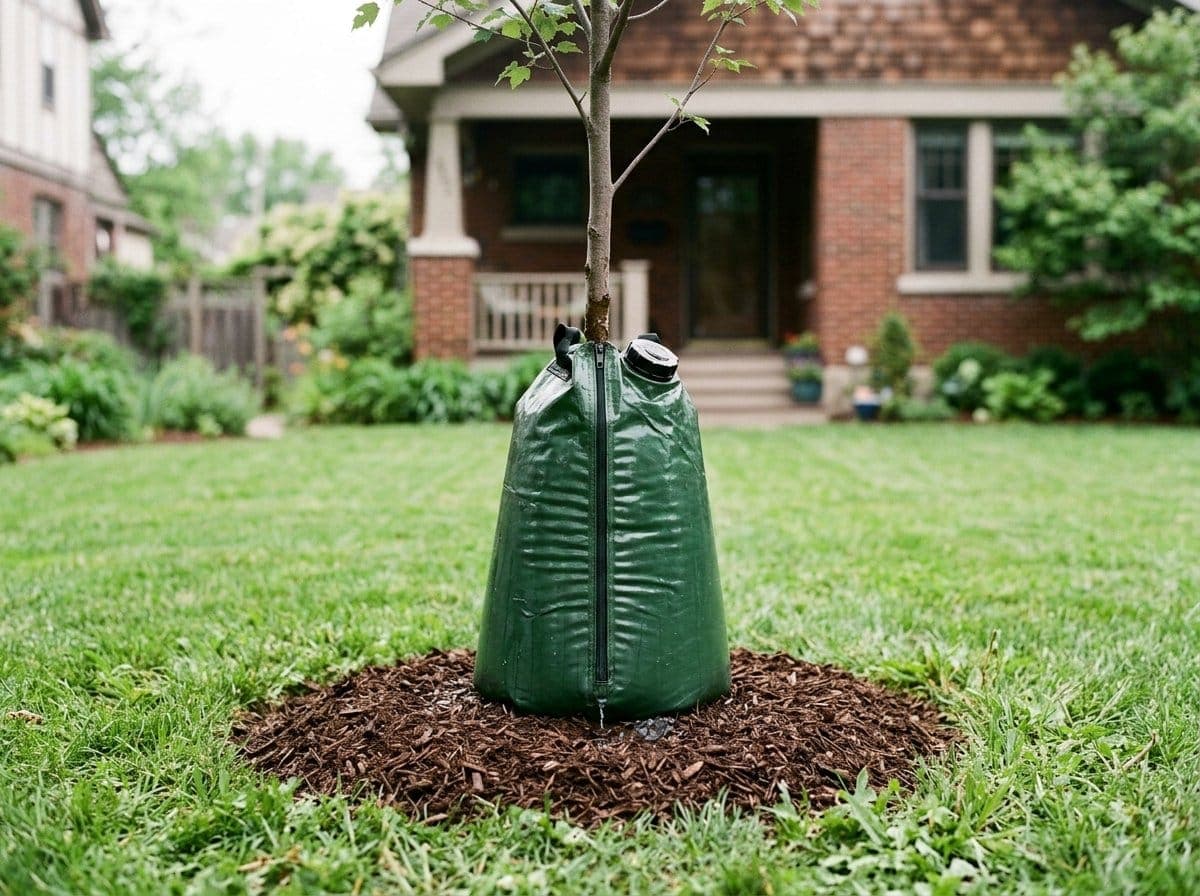 Slow-release watering bag wrapped around the trunk of a newly planted young tree with a neat mulch ring in a residential yard