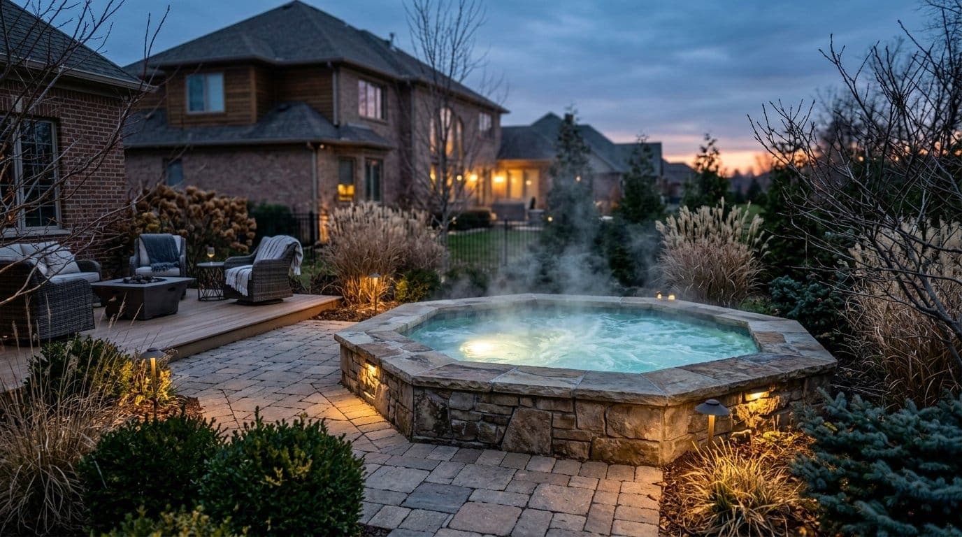 Built-in stone spa with steam rising from heated water on a patio at twilight with warm landscape lighting