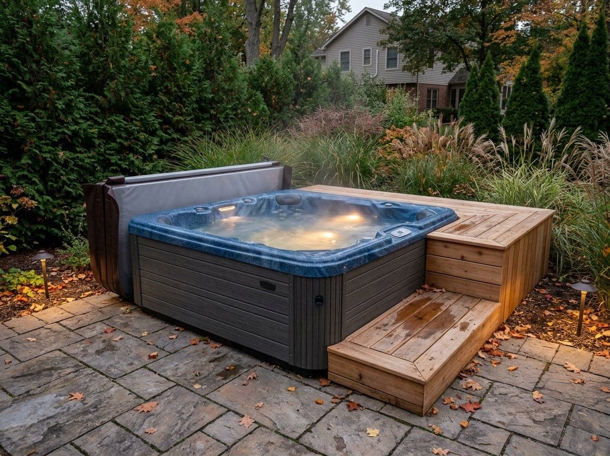 Portable acrylic hot tub with a dark cabinet skirt on a paver patio, cover folded back beside a wooden step surround