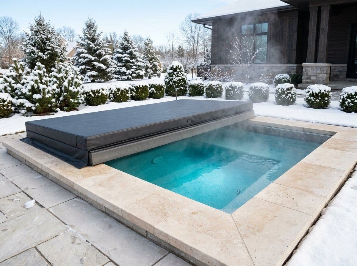 Thick insulated spa cover folded back off a stone built-in spa on a snowy patio with steam pouring off the water