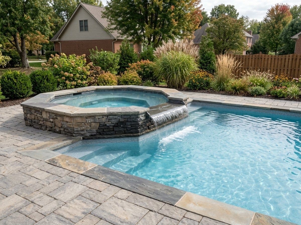 Raised spillover spa attached to a fiberglass pool with water cascading over a stone edge into the pool below