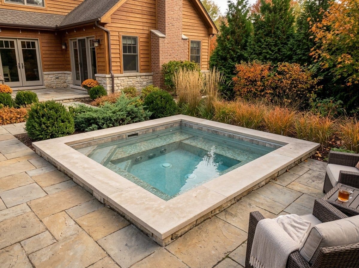 Standalone built-in spa set flush into a stone patio with matching coping and bench seating visible under the water