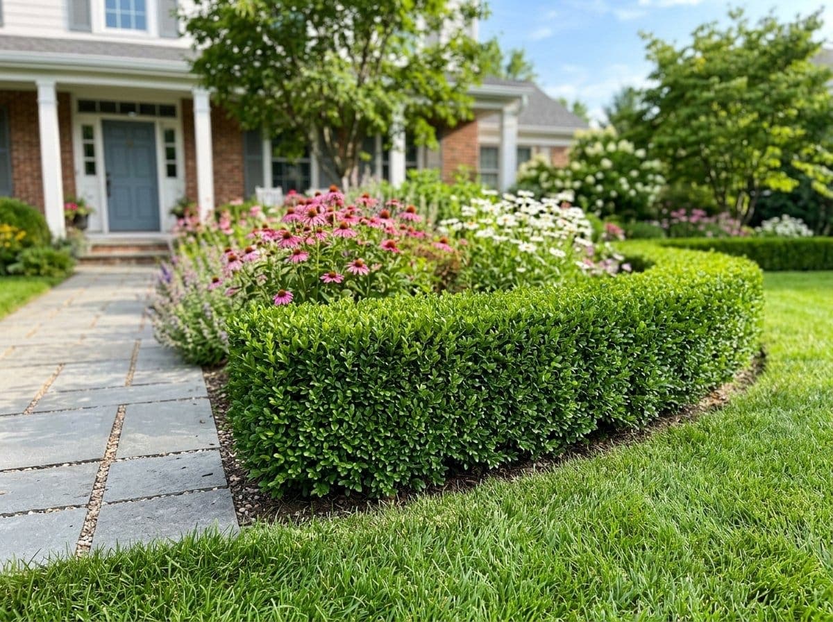 Trimmed boxwood hedge bordering a perennial garden in a sunny front yard