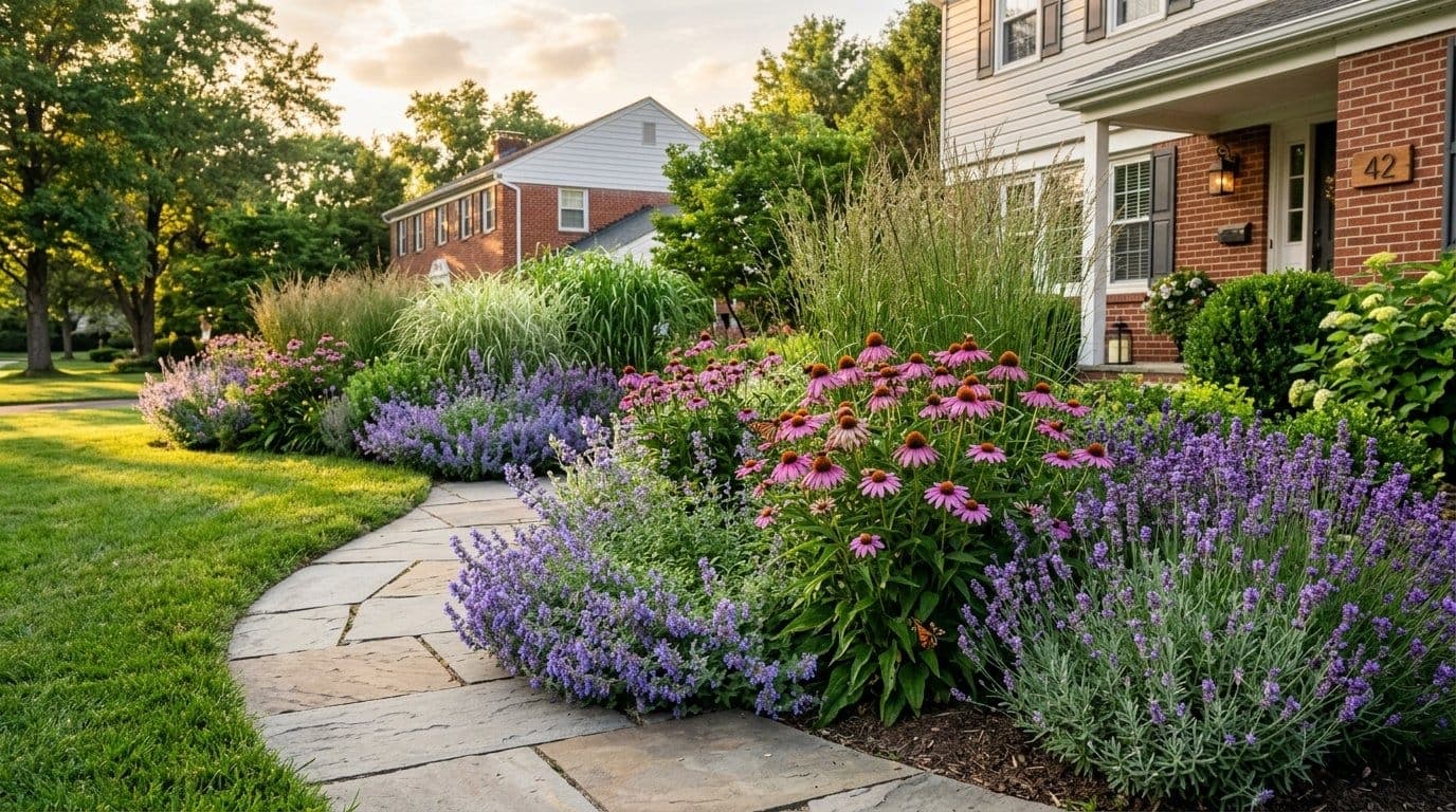 Front yard garden bed with lavender catmint and coneflowers in full bloom under summer sun