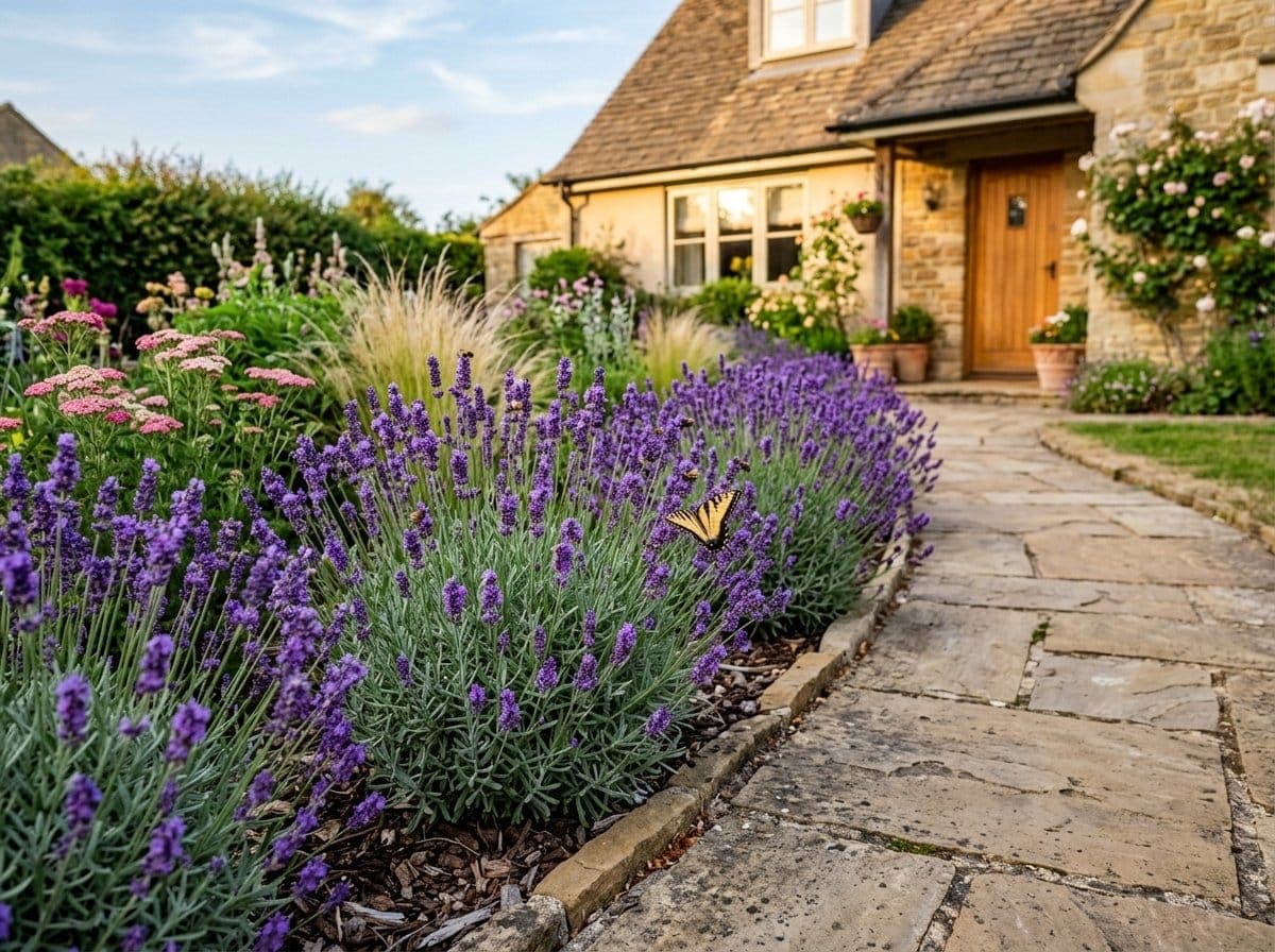 Lavender plants in full purple bloom with pollinators along a stone walkway in a residential yard