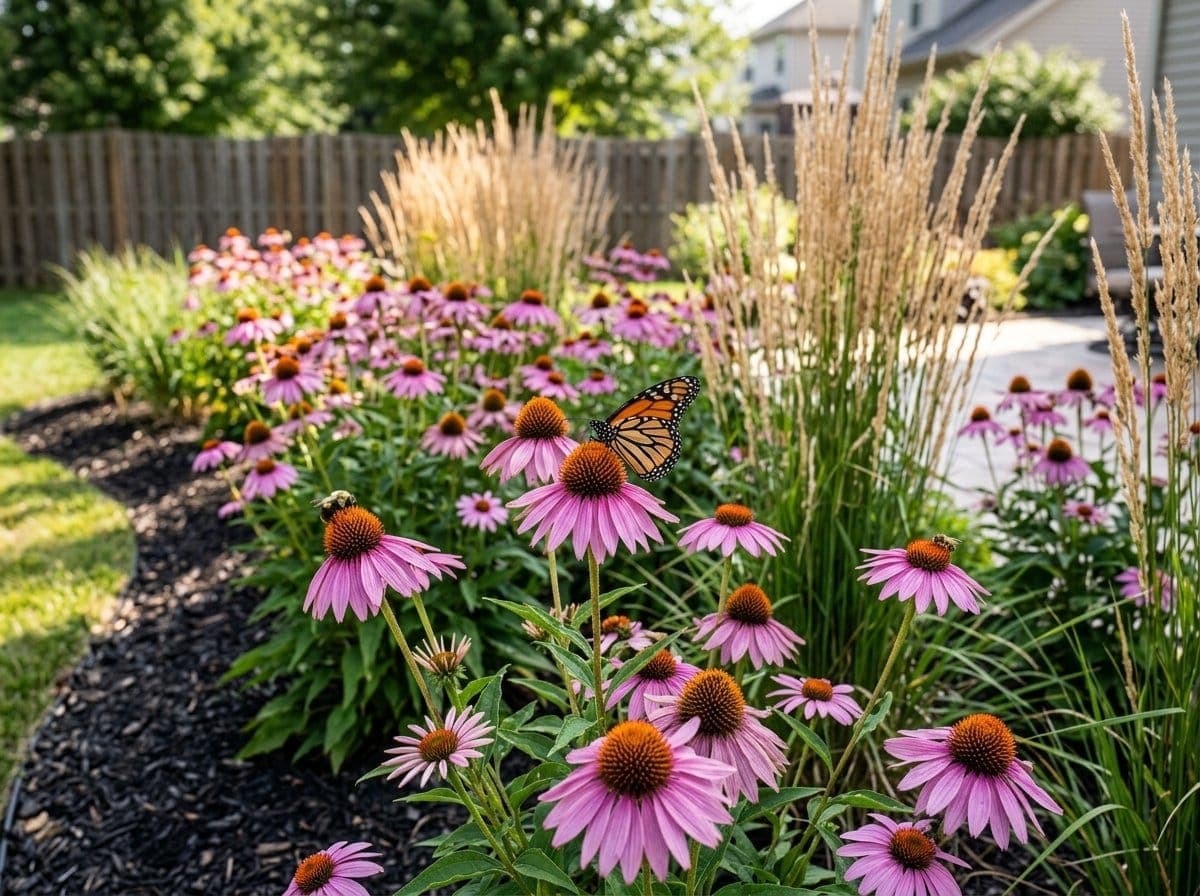 Mass planting of purple coneflower and ornamental grasses with bees and butterflies in a sunny residential bed