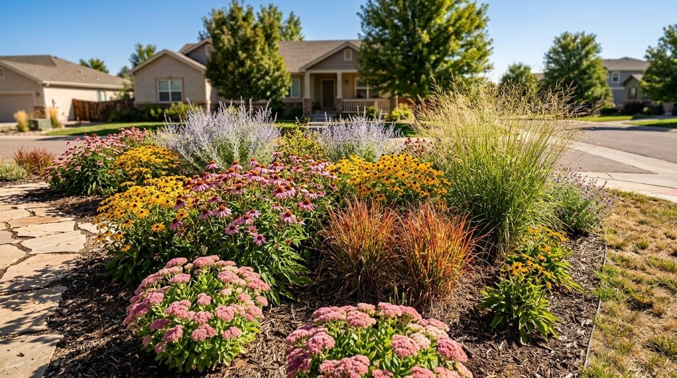 Sunny residential garden bed full of purple coneflowers ornamental grasses and sedum thriving in dry summer heat