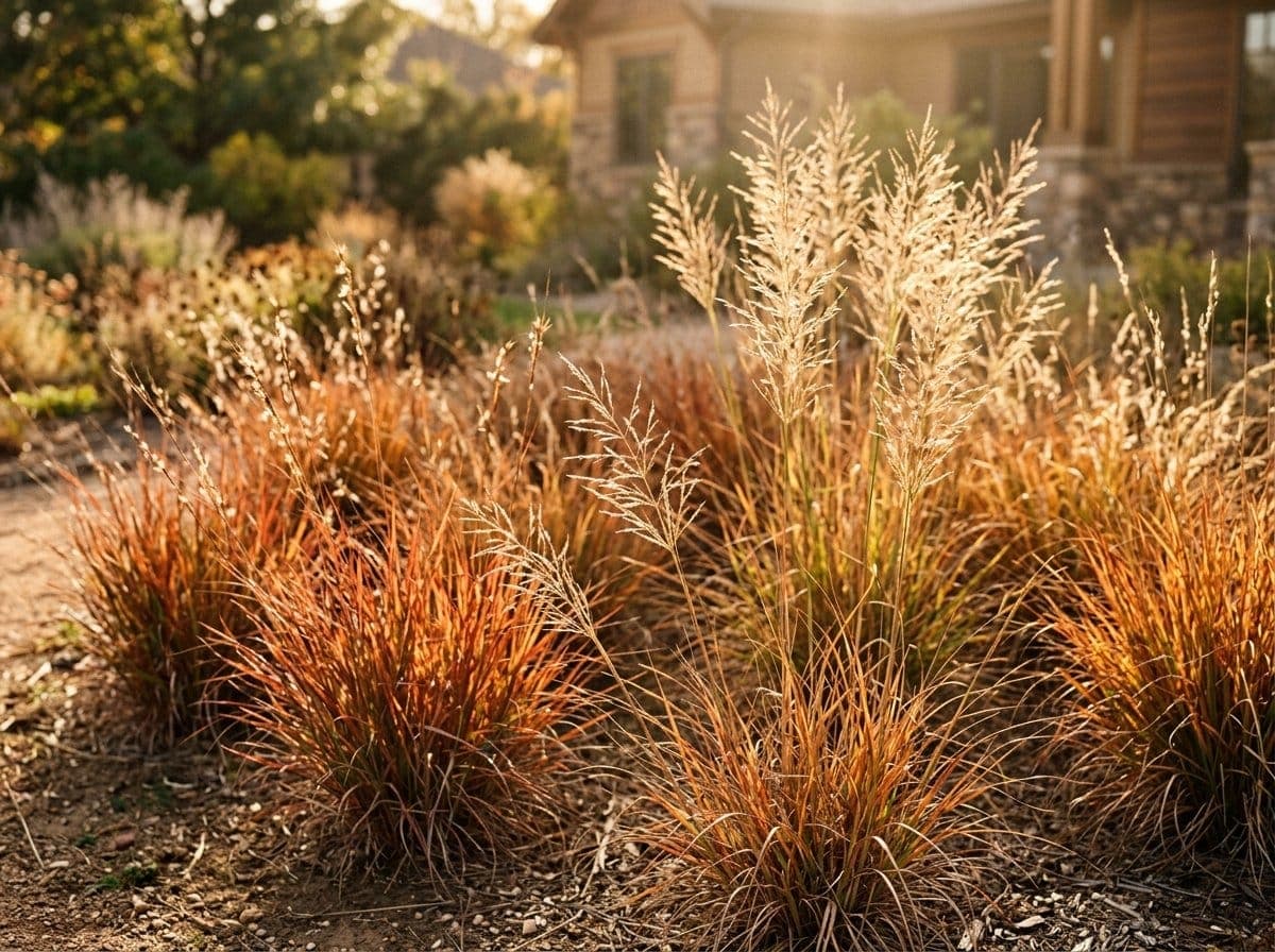 Backlit ornamental grasses including little bluestem and switchgrass glowing in late afternoon sun in a residential landscape