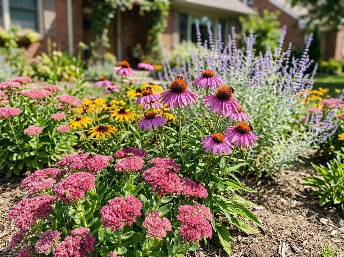 Residential perennial bed with purple coneflowers black-eyed susans and sedum in full bloom under bright summer sun