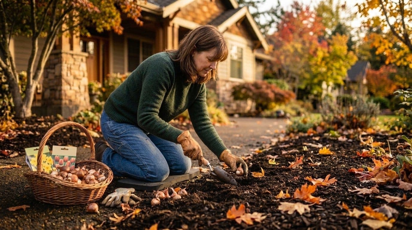 Gardener kneeling in a fall garden bed planting daffodil and tulip bulbs into dark soil with a trowel, fallen leaves and a basket of bulbs beside them