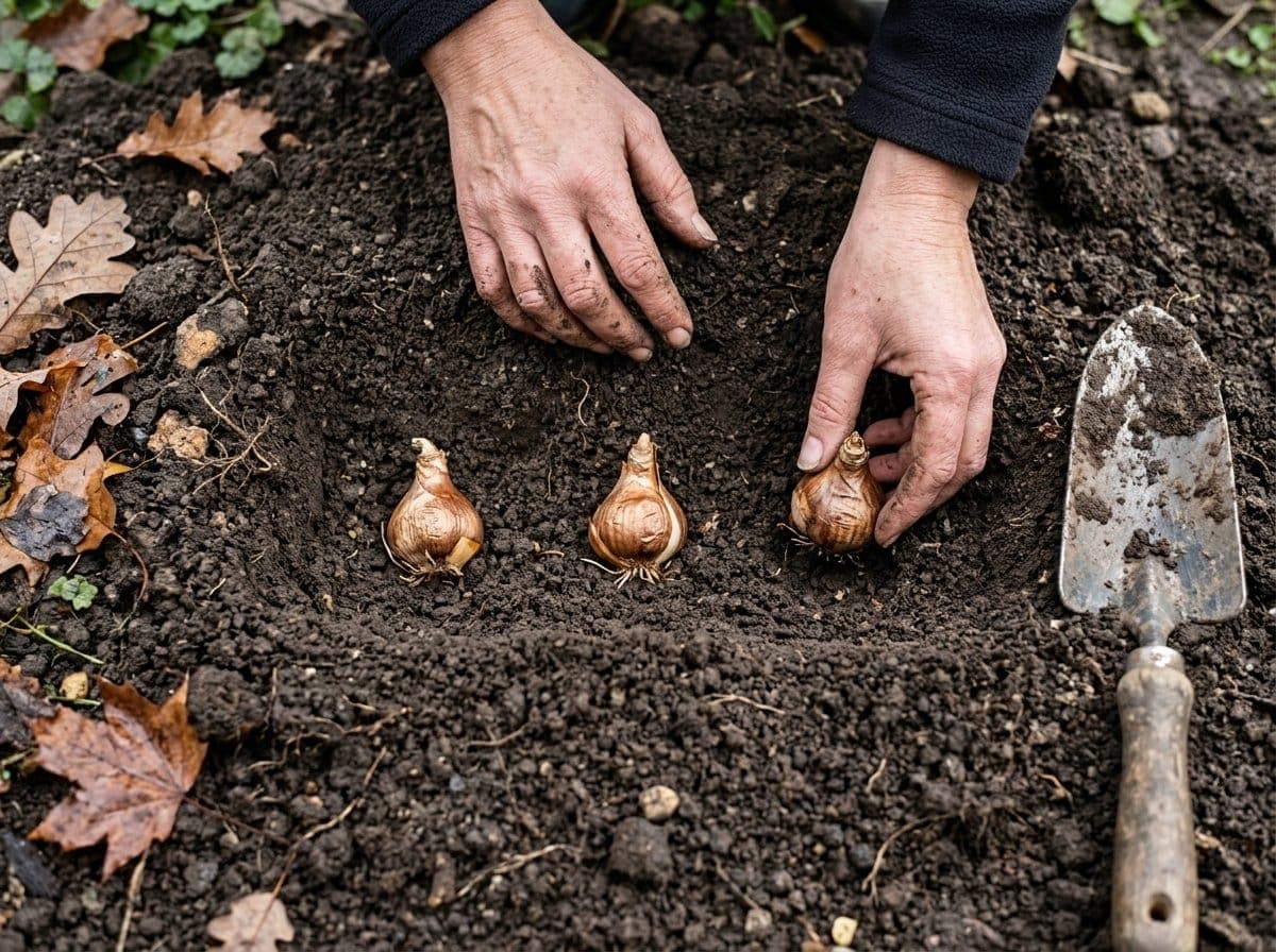 Close-up of hands placing daffodil bulbs pointy end up into a freshly dug garden trench with dark soil and a trowel, showing correct spacing
