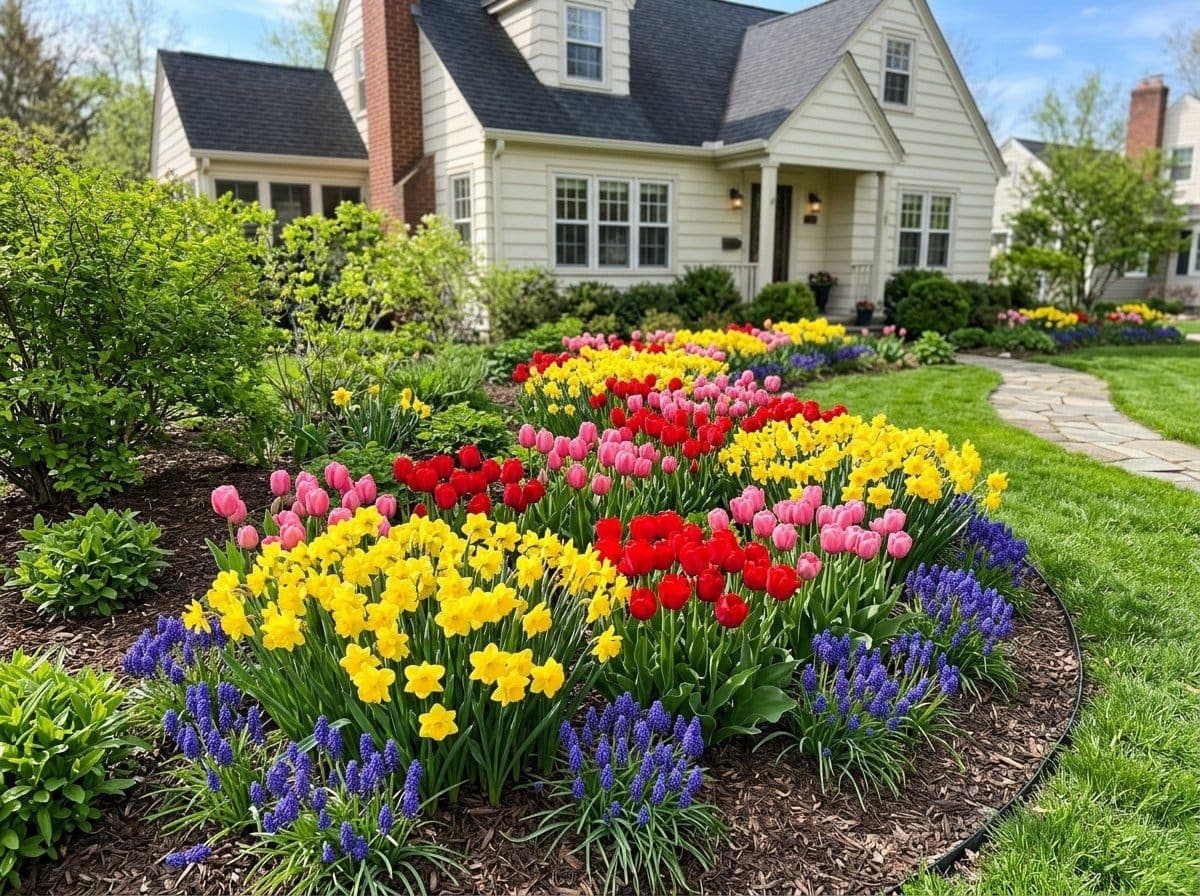 A spring garden bed in full bloom with clusters of yellow daffodils, red and pink tulips, and purple grape hyacinth in front of a home, the payoff from fall bulb planting