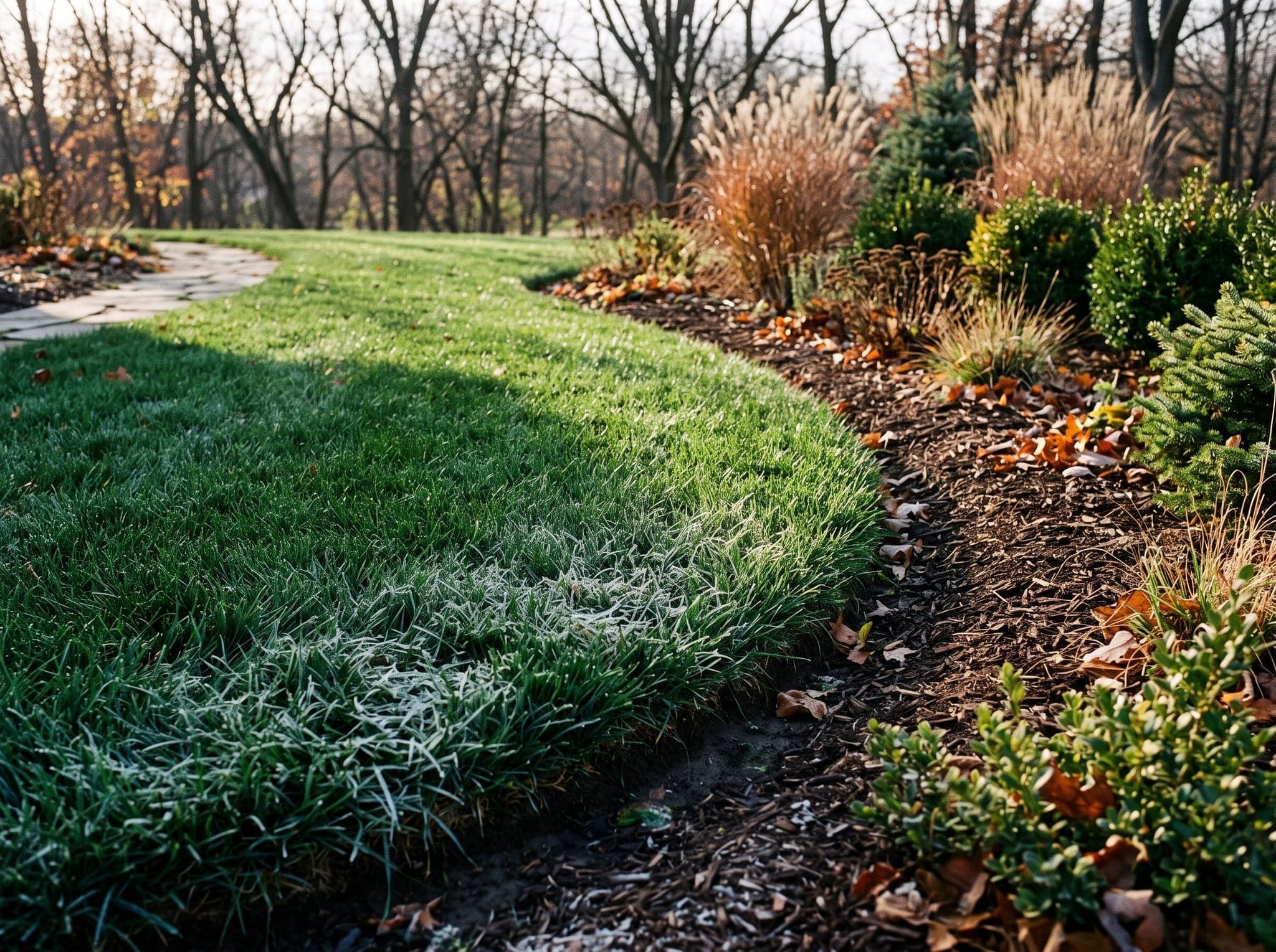 Dense dark green cool-season lawn in late fall bordered by a landscape bed with autumn foliage