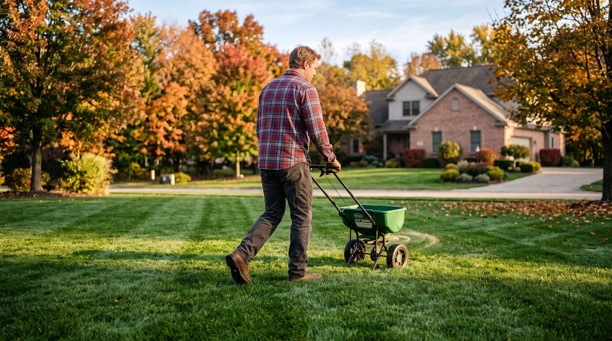 Homeowner pushing a broadcast spreader across a green lawn on a clear fall morning with autumn trees in the background