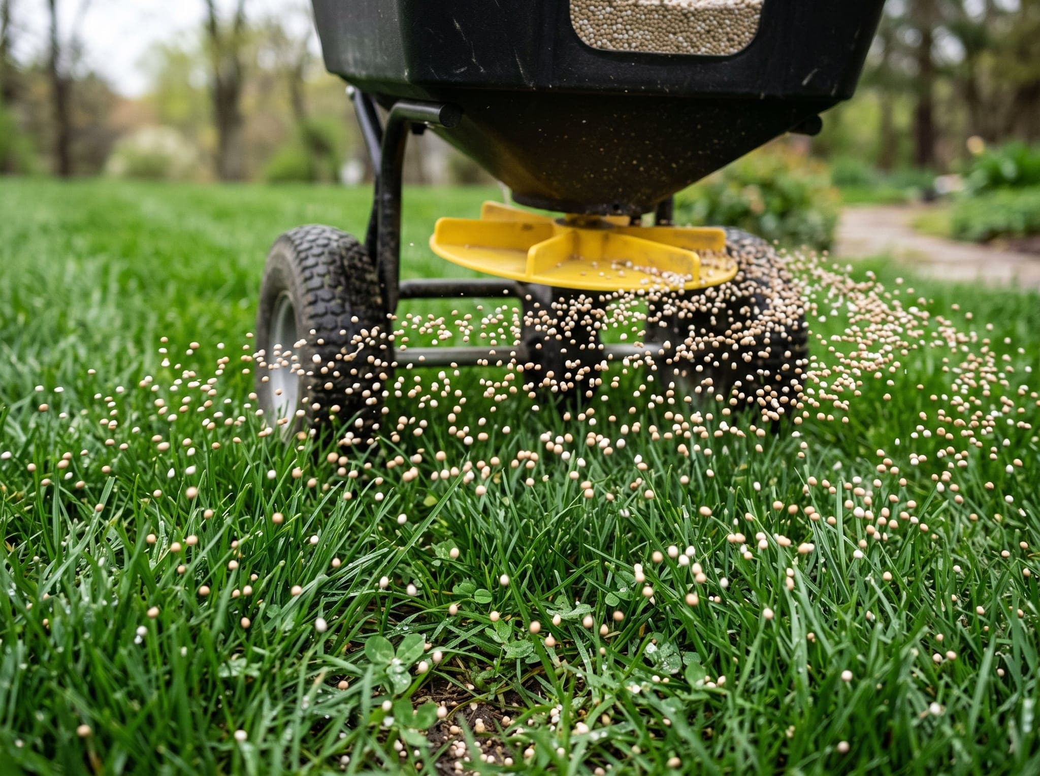 Close view of a rotary broadcast spreader distributing granular fertilizer evenly across green turf