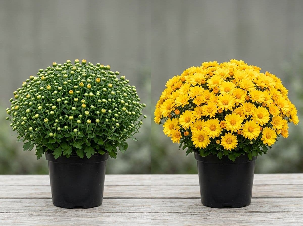 Two garden mums side by side, one covered in tight unopened buds showing hints of gold color and one already in full open bloom, illustrating which to buy in early fall