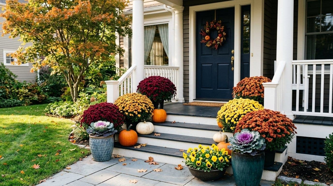 Front porch steps in fall lined with pots of gold and burgundy mums, ornamental kale, and pumpkins on a sunny autumn morning