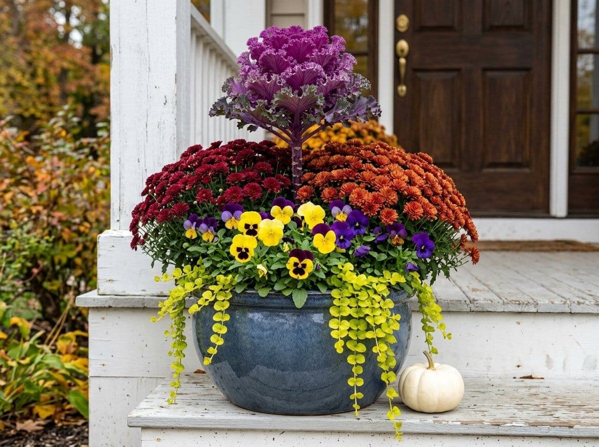 Finished fall porch container planted with burgundy garden mums, purple ornamental kale, and yellow pansies spilling over the rim of a glazed ceramic pot on a front step