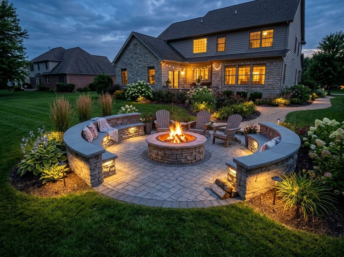 Complete fire pit seating area with curved stone seat wall and low-voltage lighting on a paver patio at dusk