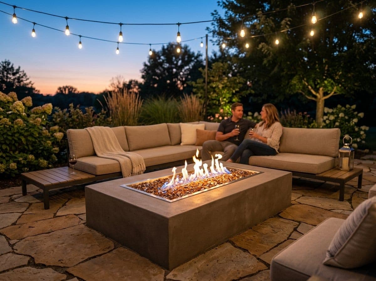Modern rectangular gas fire pit with tumbled glass fire media and clean blue flames on a flagstone patio at twilight