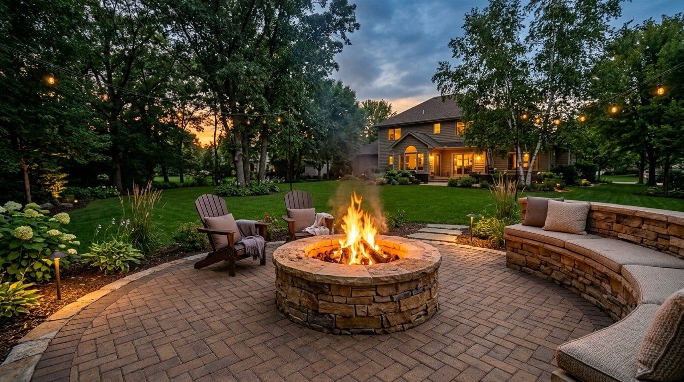 Custom stone fire pit with seating wall on a paver patio at dusk in a Midwestern residential yard