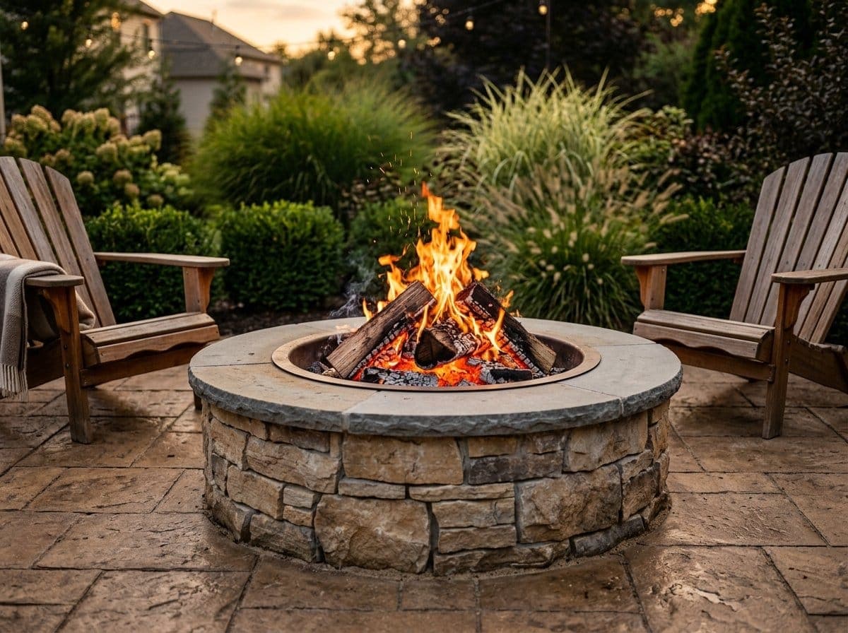 Custom wood-burning stone fire pit with crackling fire and Adirondack chairs on a paver patio in a landscaped yard