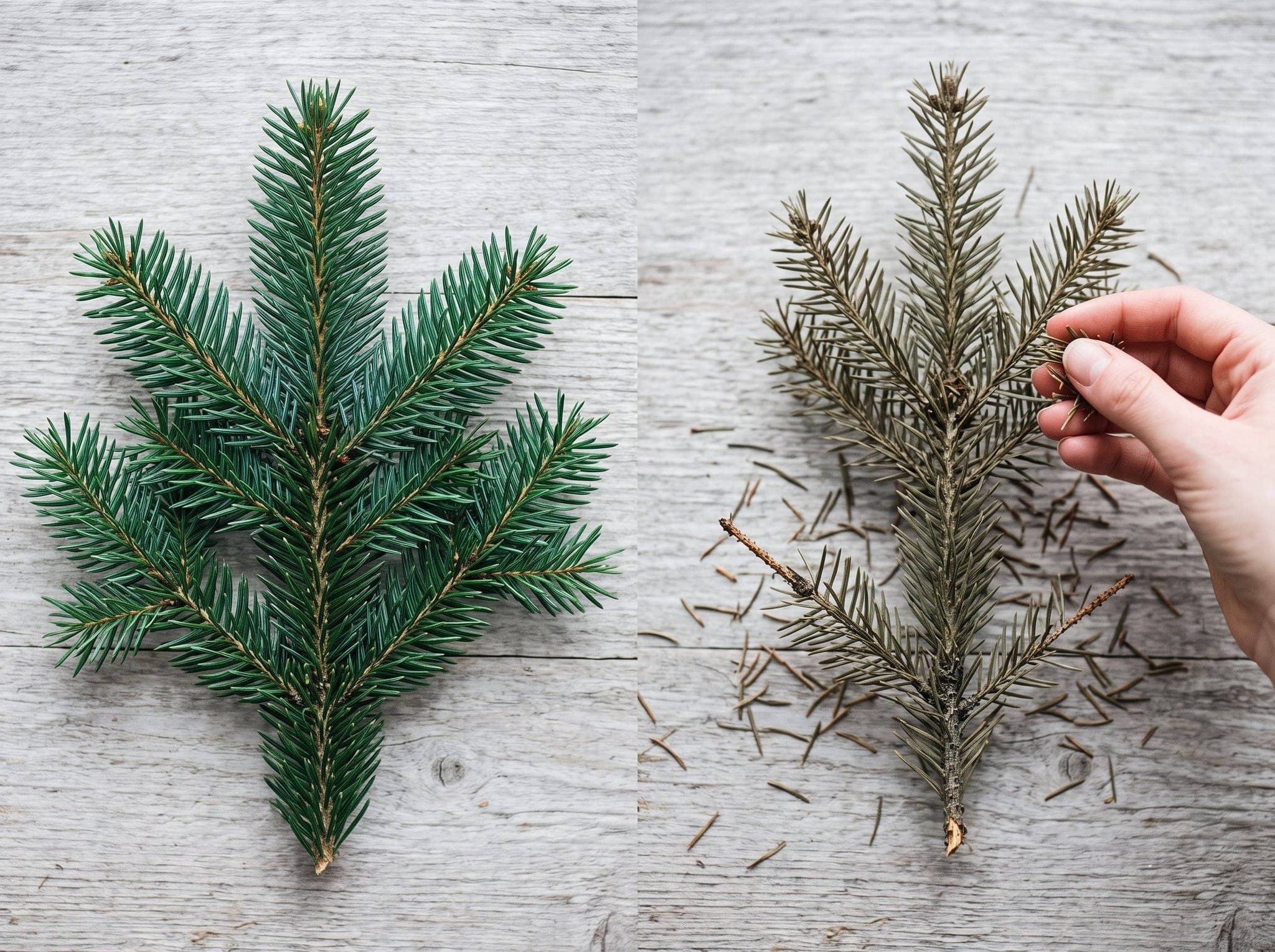 Fresh green fir branch beside a dried brown fir branch shedding needles as a hand runs through it