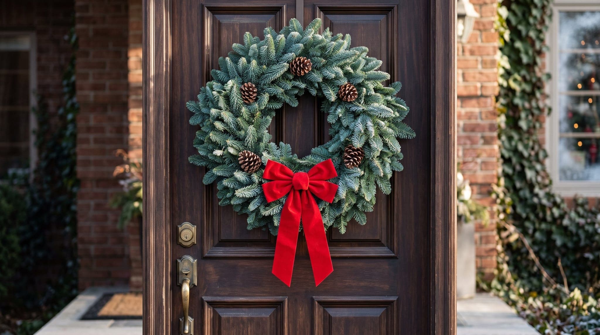 Fresh fir wreath with a red velvet bow and pinecones hanging at eye level on a dark wooden front door