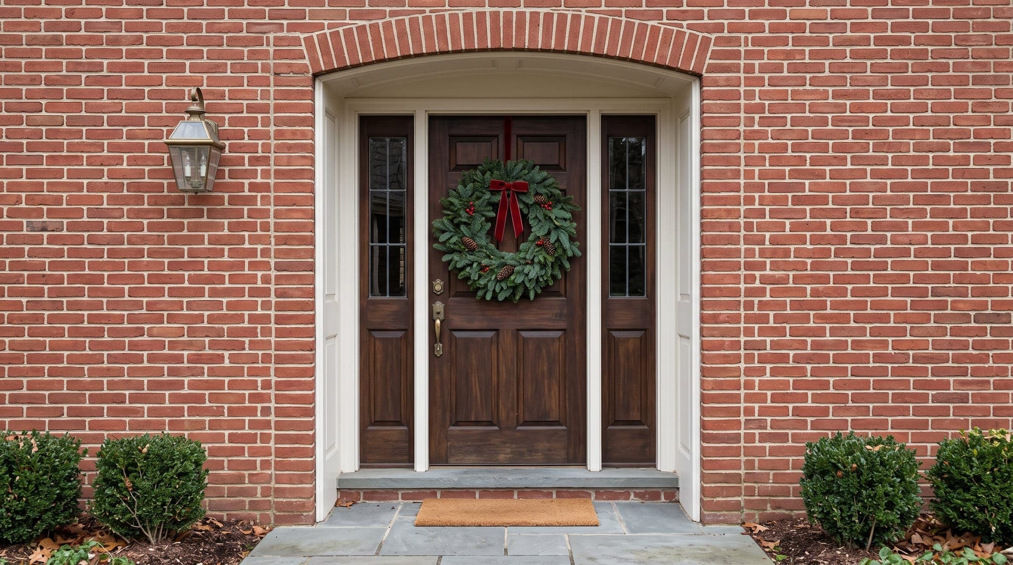 Fresh fir wreath with a red velvet bow, pinecones, and red berries hanging on a dark wooden front door set into the arched brick entry of a brick home