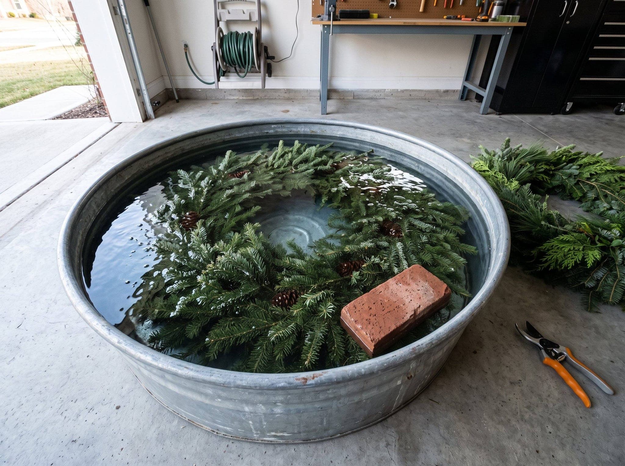 Fresh fir wreath lying flat and fully submerged in a galvanized tub of water in a garage