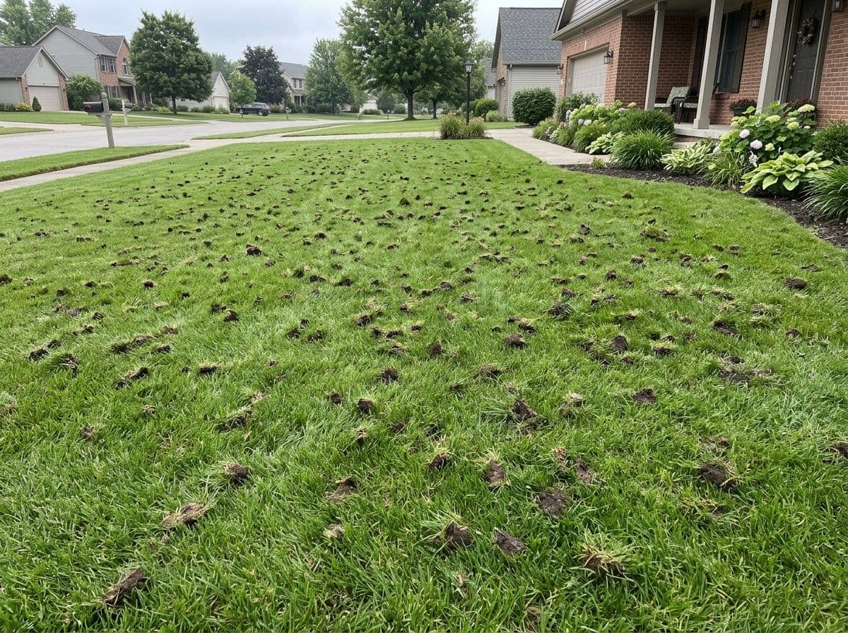 Section of suburban lawn torn up and flipped over by skunks and raccoons digging at night to feed on grubs, with loose chunks of turf scattered on the soil