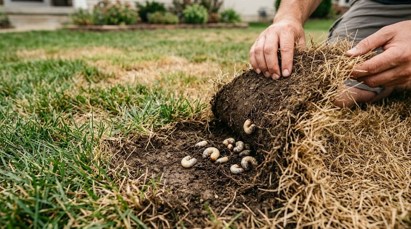 Homeowner peeling back a section of dead brown lawn like loose carpet to reveal white C-shaped grubs in the soil underneath