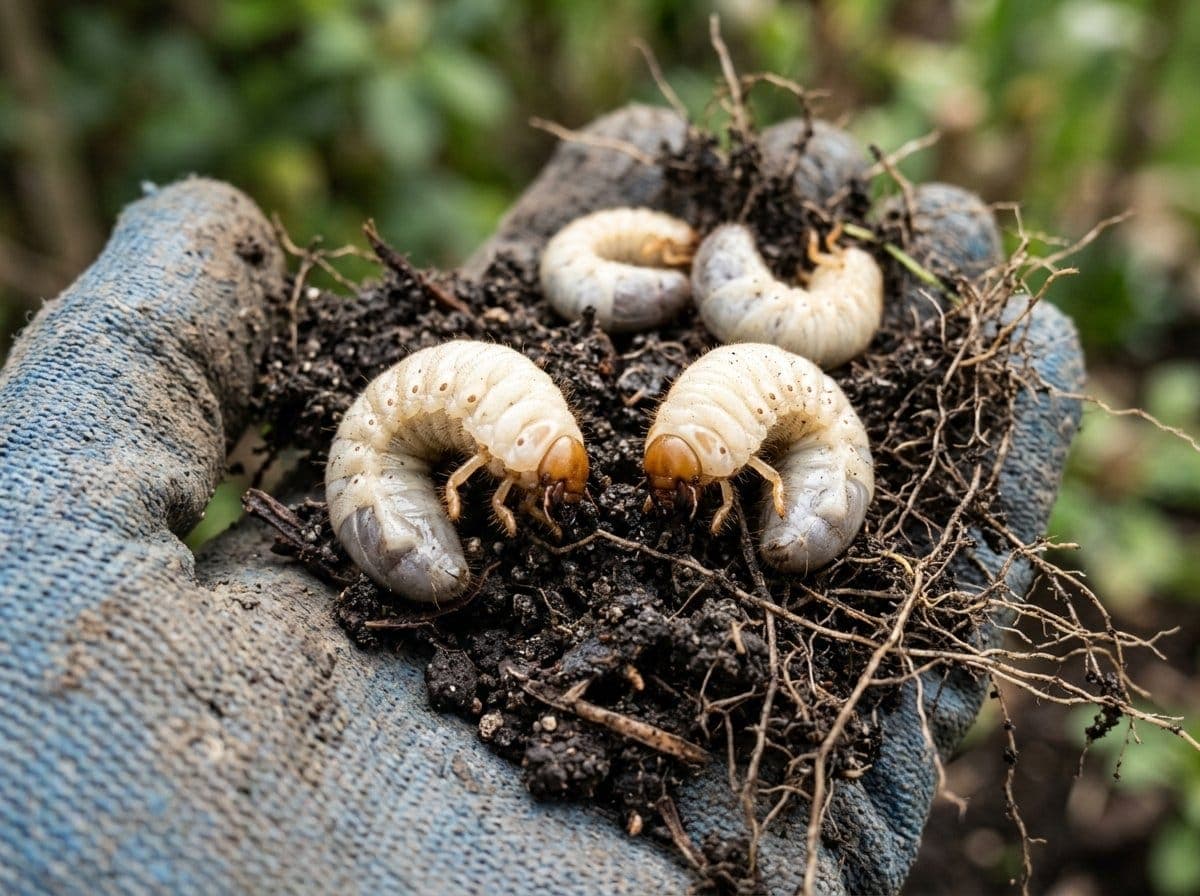 Close-up of several creamy white C-shaped grubs with tan heads in dark soil next to grass roots, held in a gardener's hand