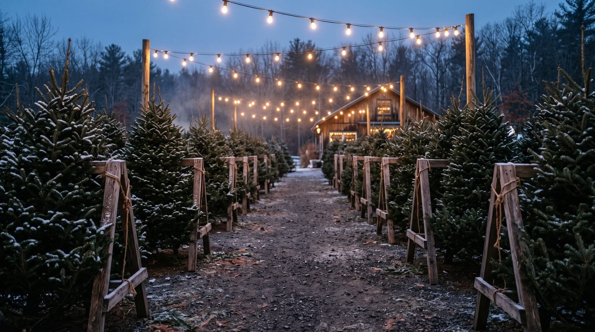 Rows of fresh-cut Fraser fir and Douglas fir Christmas trees standing upright under string lights at a garden center lot on a cold December evening