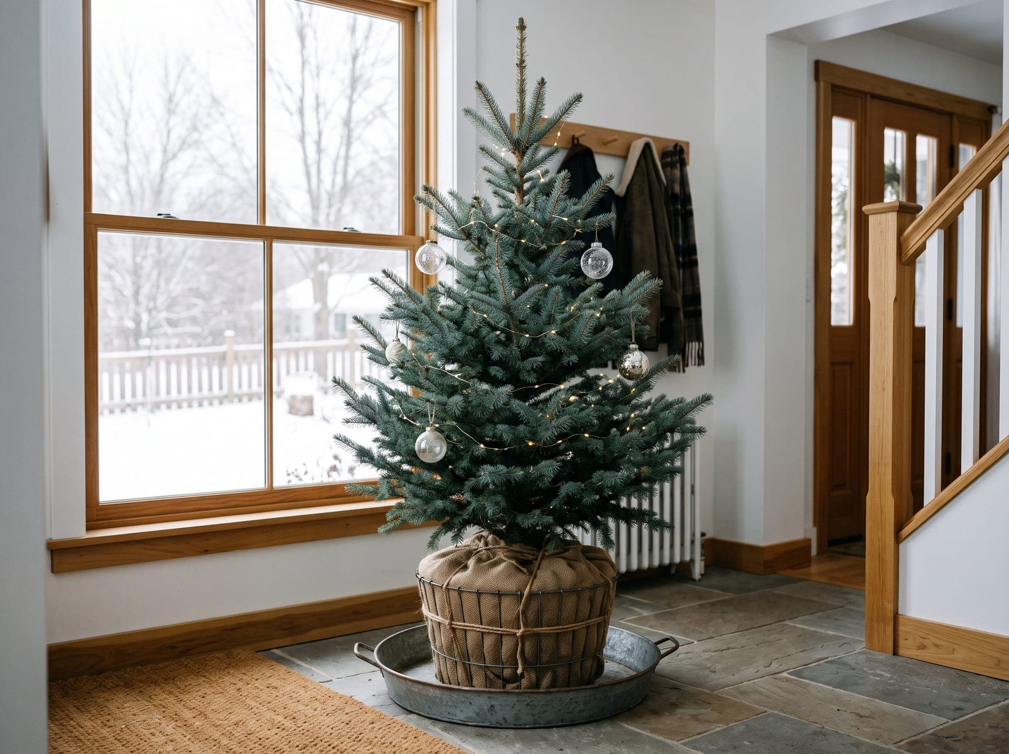 A balled and burlapped spruce Christmas tree with its root ball wrapped in burlap and wire, standing in a decorated entryway
