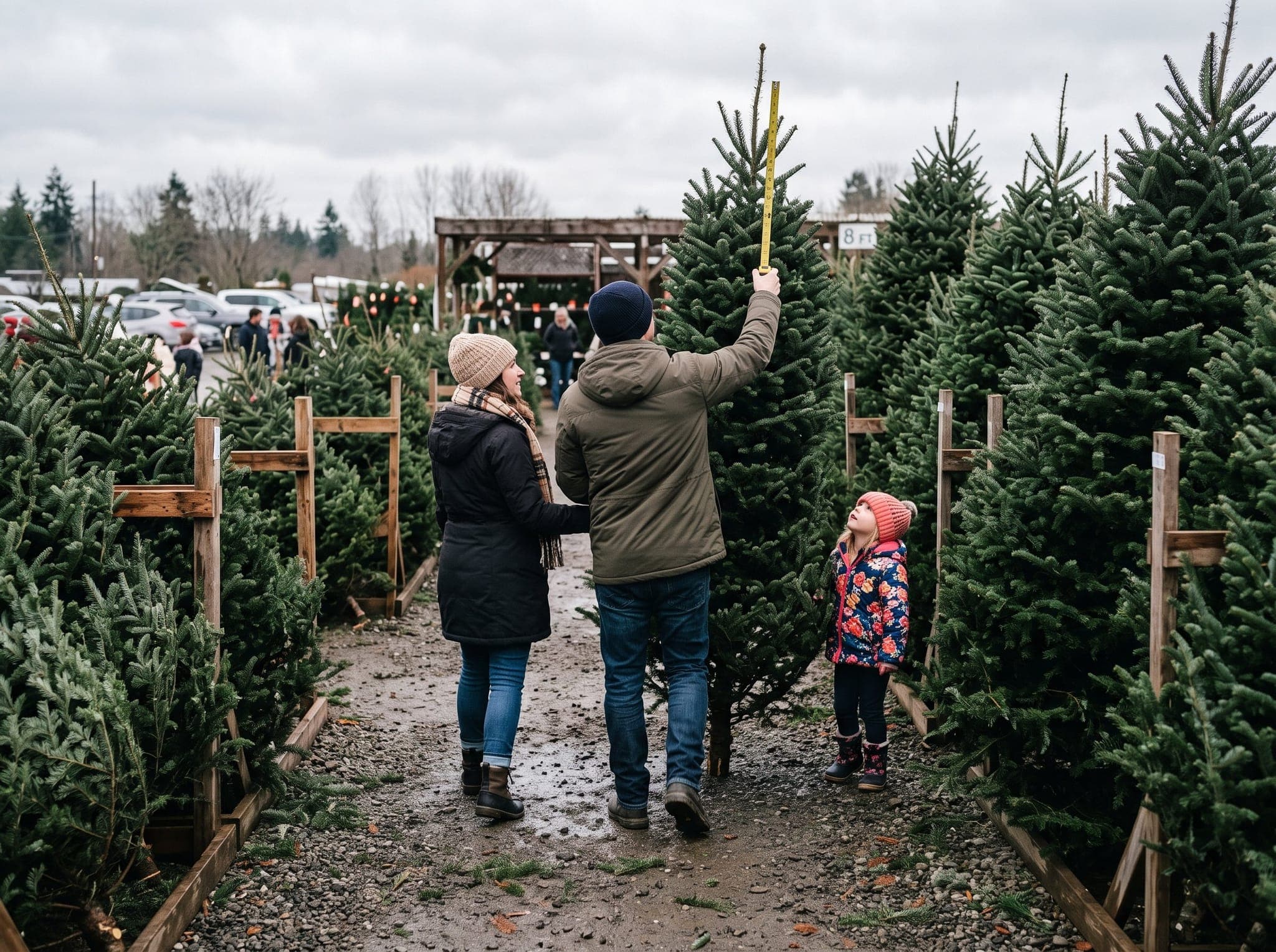 A family walking between rows of upright fresh-cut fir trees at a garden center lot, one adult holding a tape measure