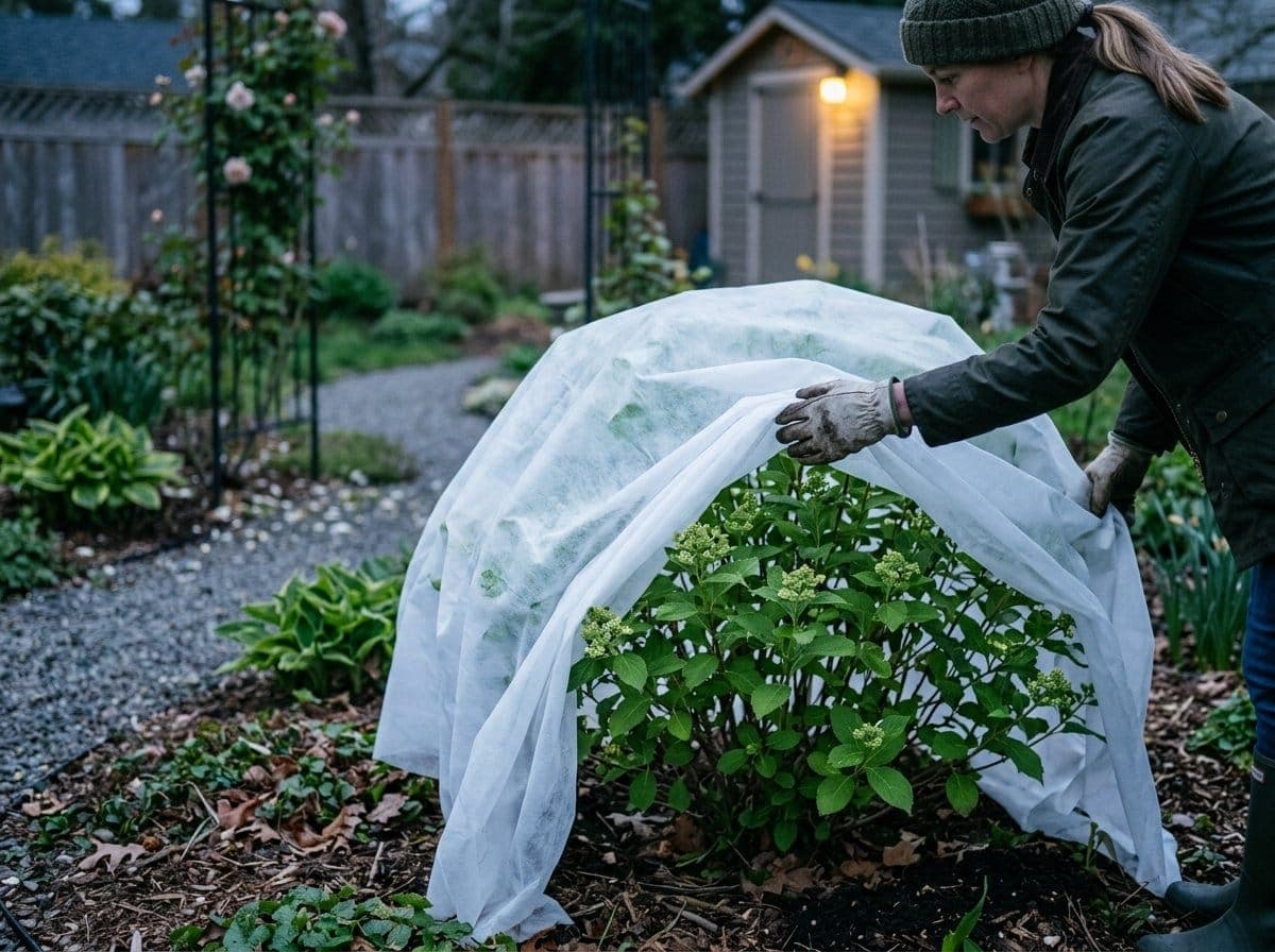 Gardener draping a lightweight frost cloth over a leafed-out hydrangea shrub on a spring evening
